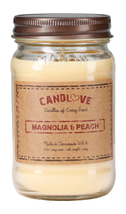 Candlove Magnolia & Peach Scented Candle - Non-Toxic 100% Soy Candle - Handmade & Hand Poured Long Burning Candle - Highly Scented All Natural Clean Burning Candle (16 OZ Mason Jar) Made in The USA