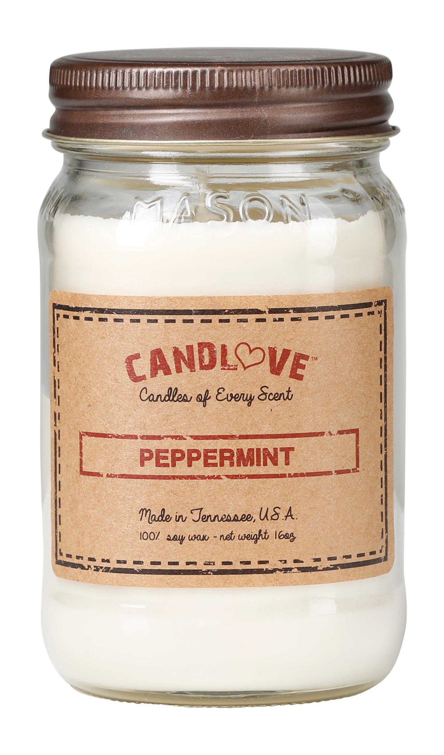 Candlove Peppermint Scented Candle - Non-Toxic 100% Soy Candle - Handmade & Hand Poured Long Burning Candle - Highly Scented All Natural Clean Burning Candle (16 OZ Mason Jar) Made in The USA