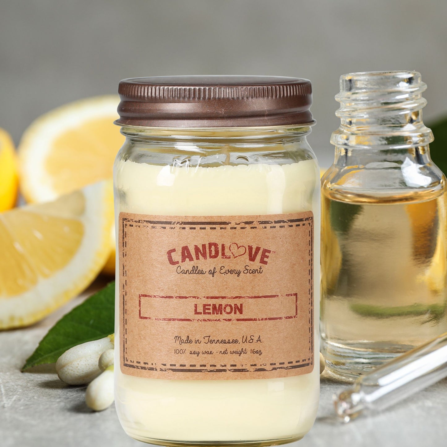 Candlove Lemon Scented Candle - Non-Toxic 100% Soy Candle - Handmade & Hand Poured Long Burning Candle - Highly Scented All Natural Clean Burning Candle (16 OZ Mason Jar) Made in The USA