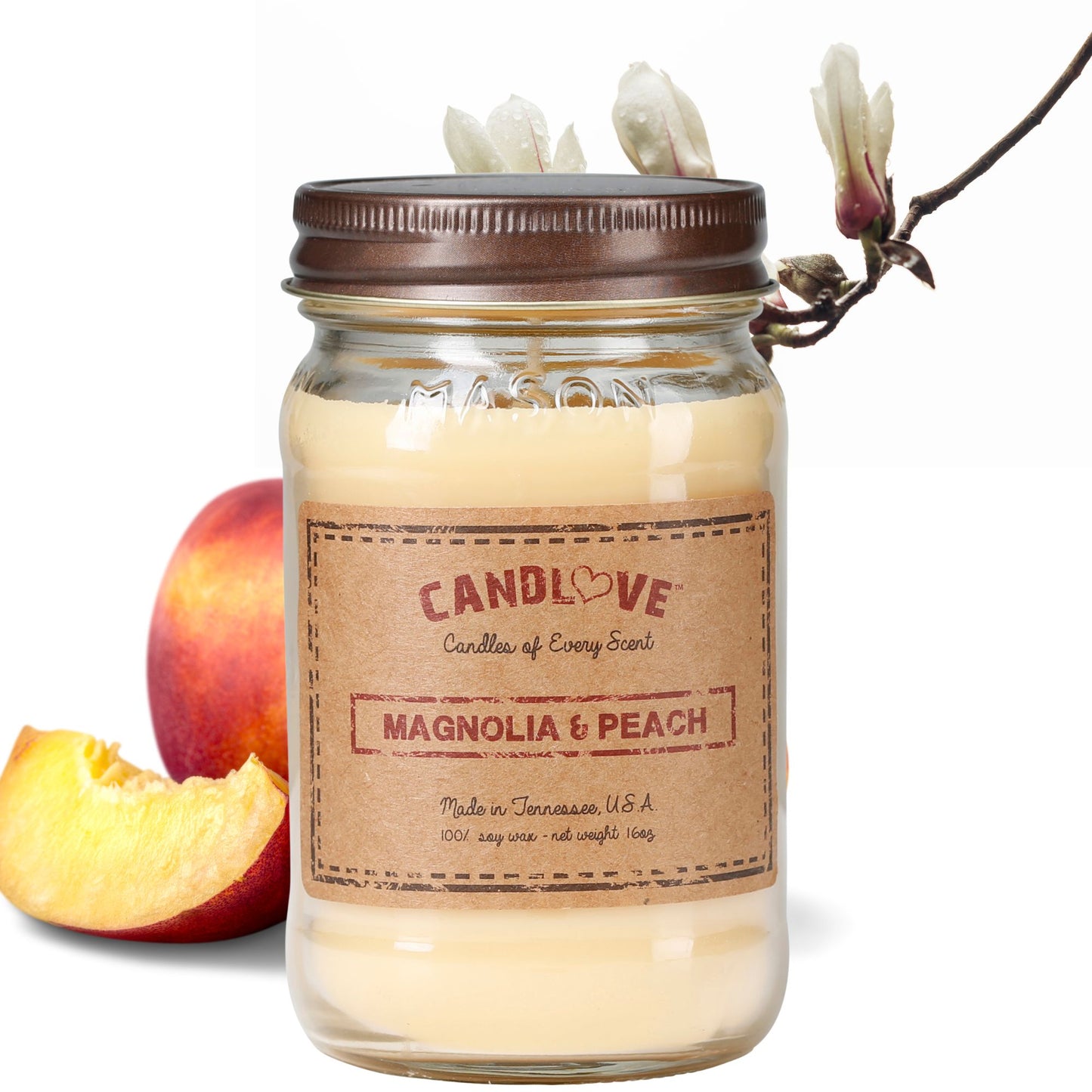 Candlove Magnolia & Peach Scented Candle - Non-Toxic 100% Soy Candle - Handmade & Hand Poured Long Burning Candle - Highly Scented All Natural Clean Burning Candle (16 OZ Mason Jar) Made in The USA