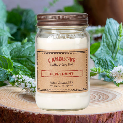 Candlove Peppermint Scented Candle - Non-Toxic 100% Soy Candle - Handmade & Hand Poured Long Burning Candle - Highly Scented All Natural Clean Burning Candle (16 OZ Mason Jar) Made in The USA