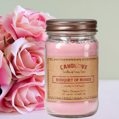 Candlove Bouquet of Roses Scented Candle - Non-Toxic 100% Soy Candle - Handmade & Hand Poured Long Burning Candle - Highly Scented All Natural Clean Burning Candle (16 OZ Mason Jar) Made in The USA