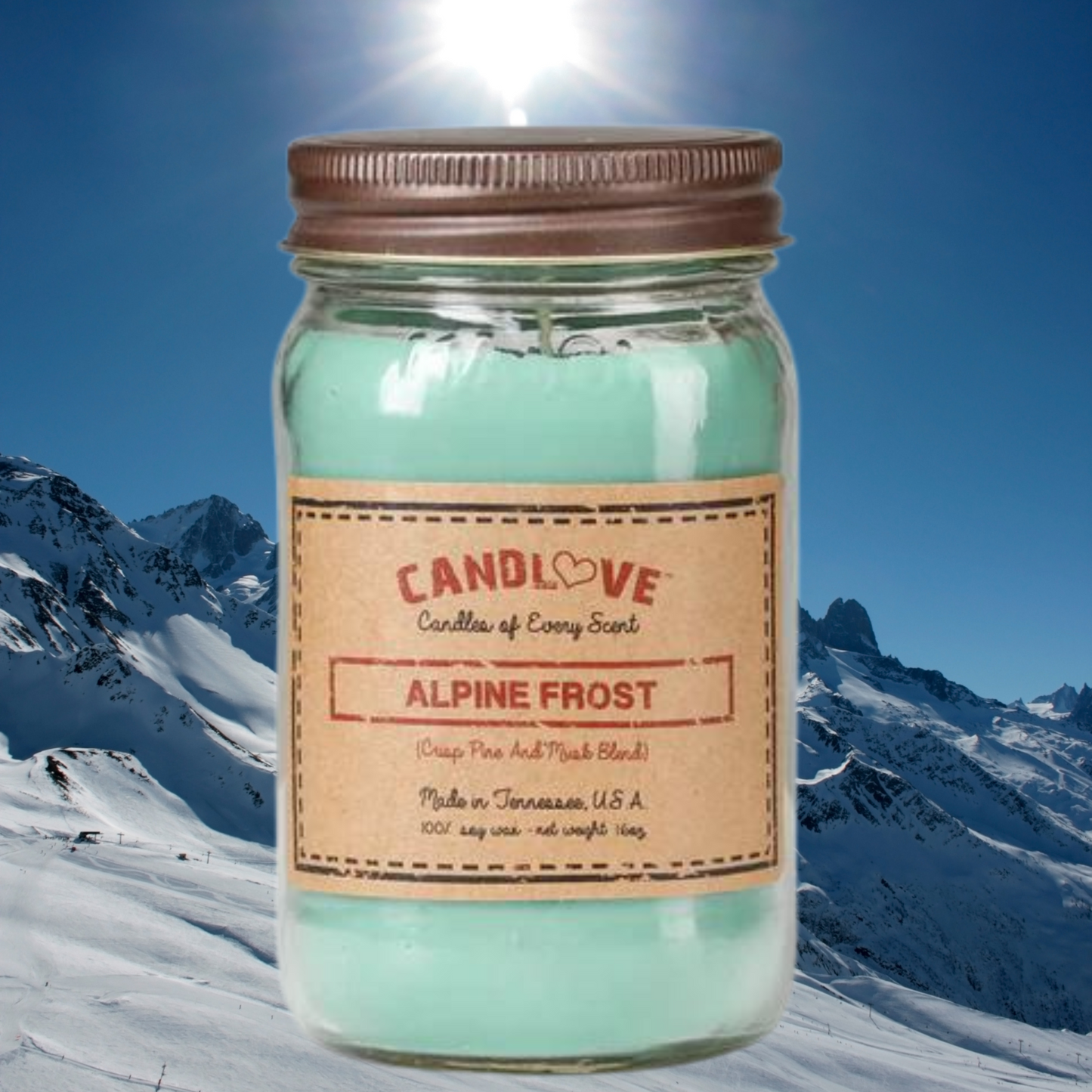 Candlove Alpine Frost Scented Candle - Non-Toxic 100% Soy Candle - Handmade & Hand Poured Long Burning Candle - Highly Scented All Natural Clean Burning Candle (16 OZ Mason Jar) Made in The USA