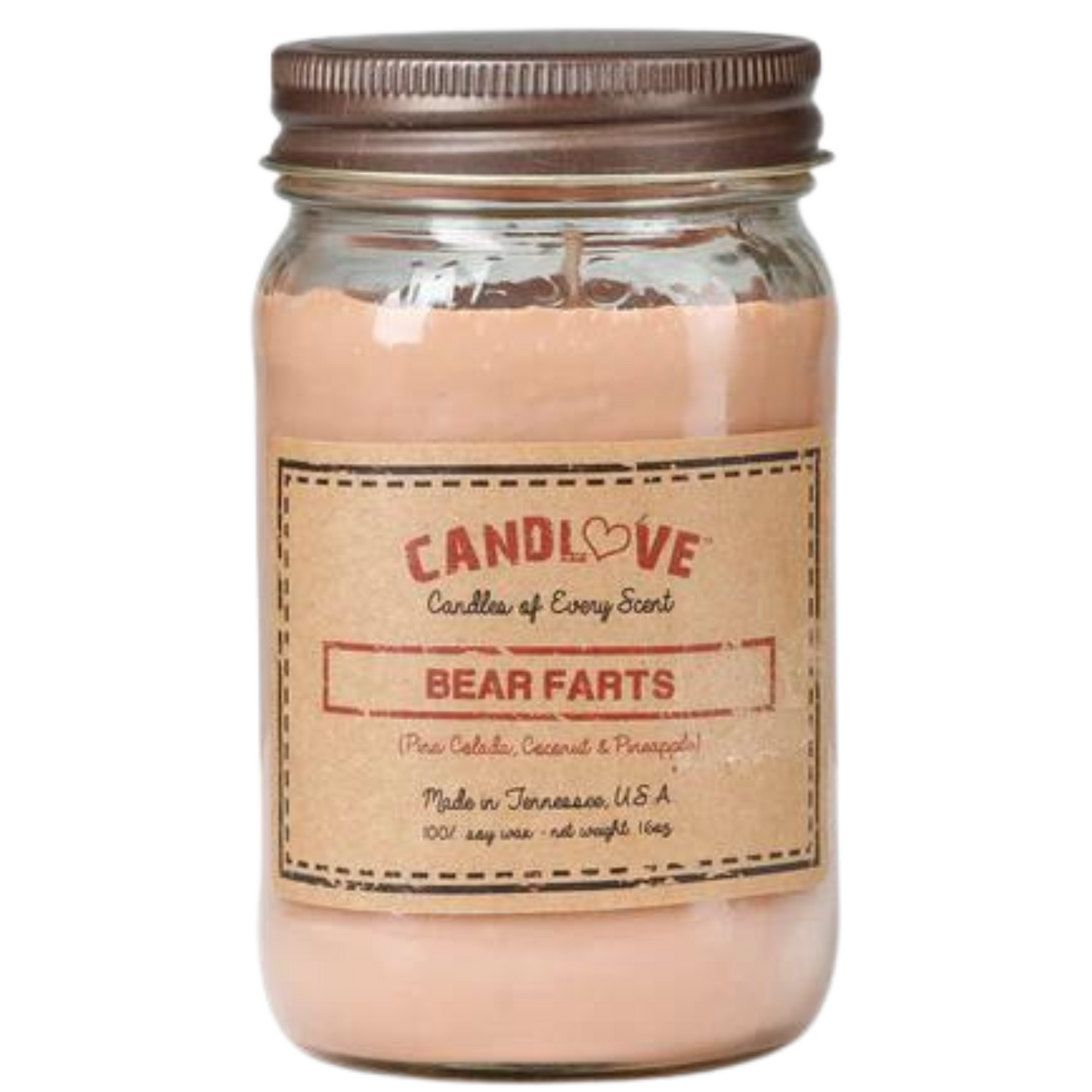 Candlove Bear Farts Scented Candle - Non-Toxic 100% Soy Candle - Handmade & Hand Poured Long Burning Candle - Highly Scented All Natural Clean Burning Candle (16 OZ Mason Jar) Made in The USA