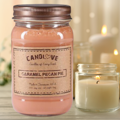 Candlove Caramel Pecan Pie Scented Candle - Non-Toxic 100% Soy Candle - Handmade & Hand Poured Long Burning Candle - Highly Scented All Natural Clean Burning Candle (16 OZ Mason Jar) Made in The USA