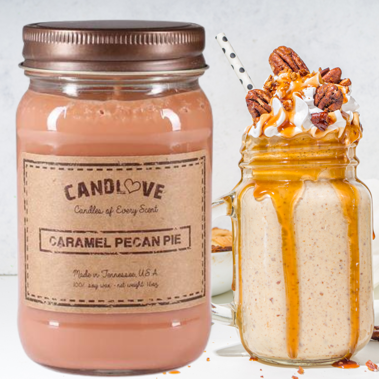 Candlove Caramel Pecan Pie Scented Candle - Non-Toxic 100% Soy Candle - Handmade & Hand Poured Long Burning Candle - Highly Scented All Natural Clean Burning Candle (16 OZ Mason Jar) Made in The USA