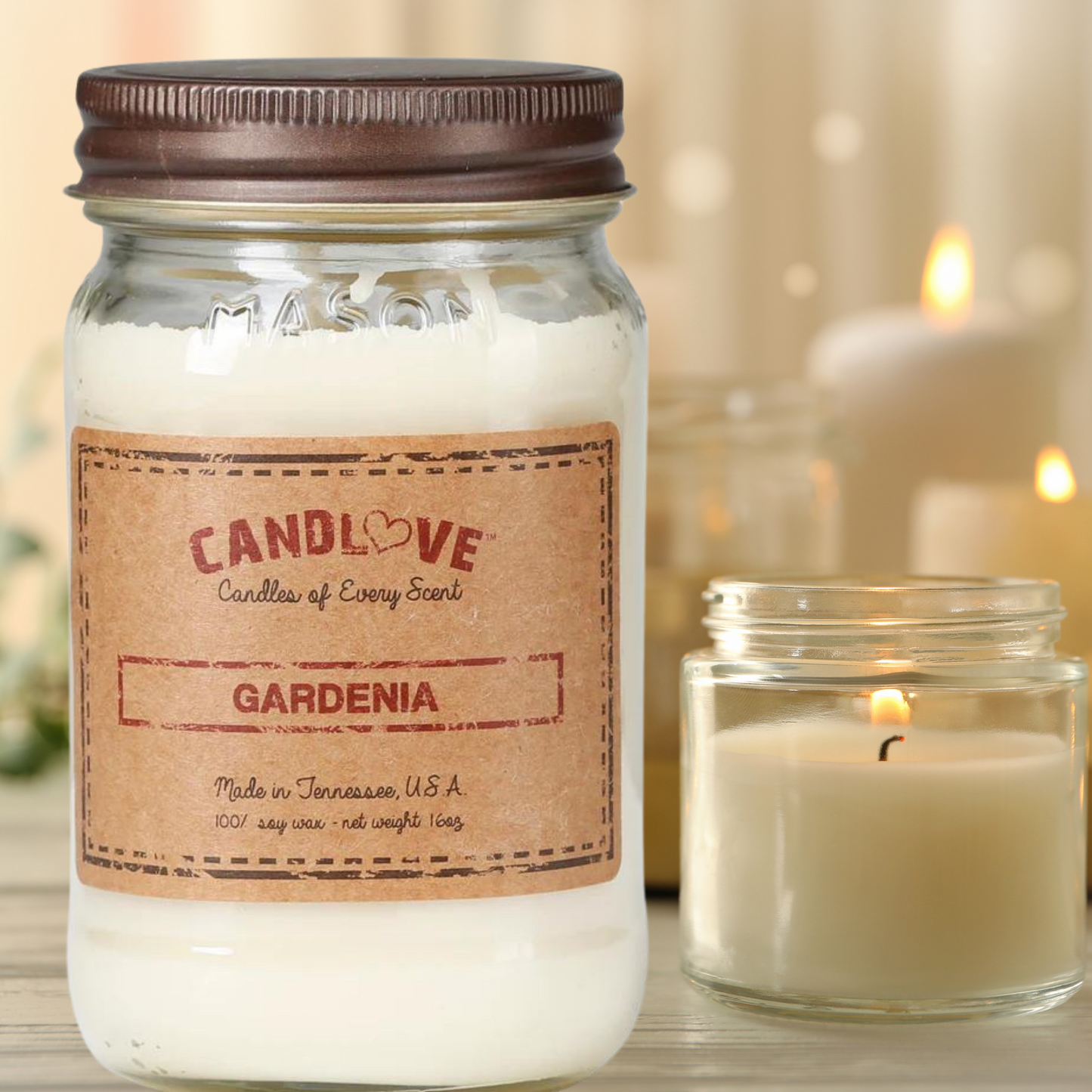 Candlove Gardenia Scented Candle - Non-Toxic 100% Soy Candle - Handmade & Hand Poured Long Burning Candle - Highly Scented All Natural Clean Burning Candle (16 OZ Mason Jar) Made in The USA