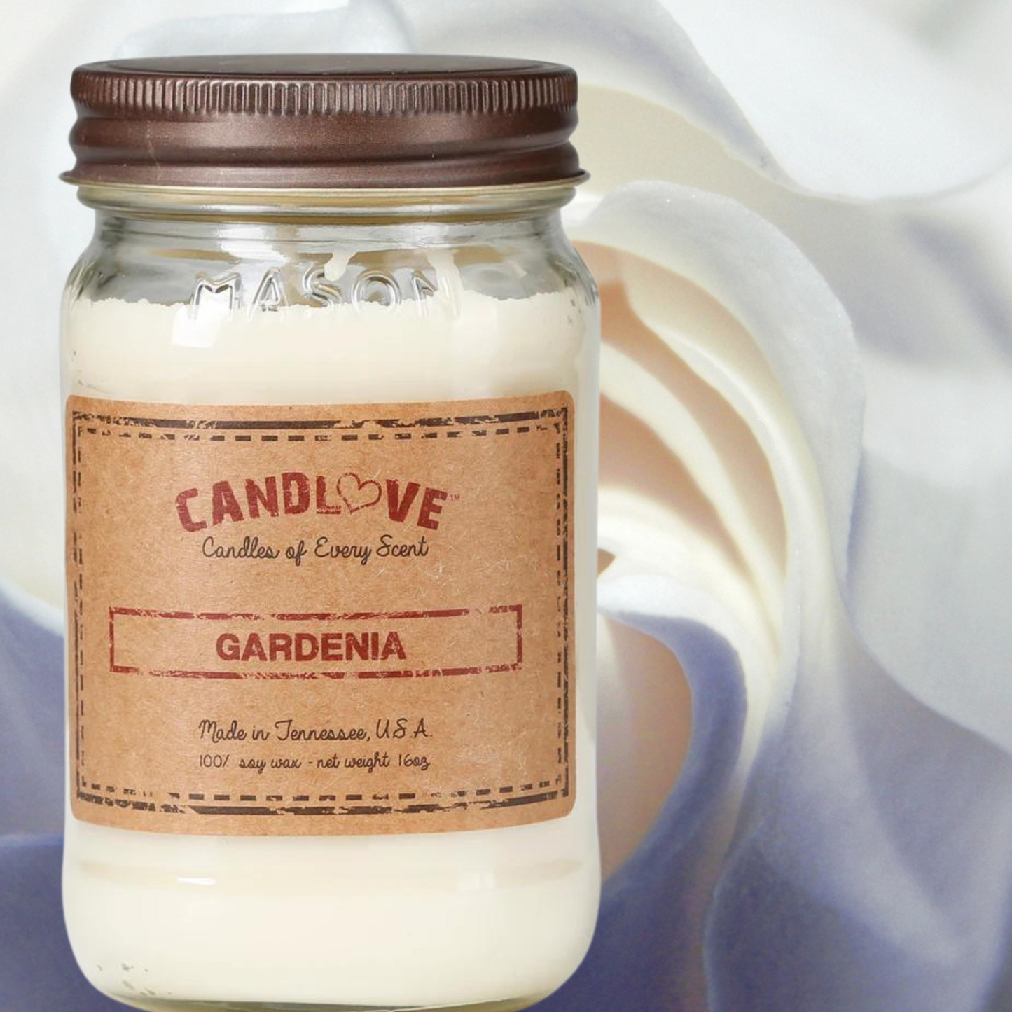 Candlove Gardenia Scented Candle - Non-Toxic 100% Soy Candle - Handmade & Hand Poured Long Burning Candle - Highly Scented All Natural Clean Burning Candle (16 OZ Mason Jar) Made in The USA