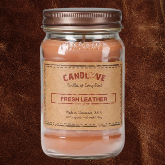 Candlove Fresh Leather Scented Candle - Non-Toxic 100% Soy Candle - Handmade & Hand Poured Long Burning Candle - Highly Scented All Natural Clean Burning Candle (16 OZ Mason Jar) Made in The USA