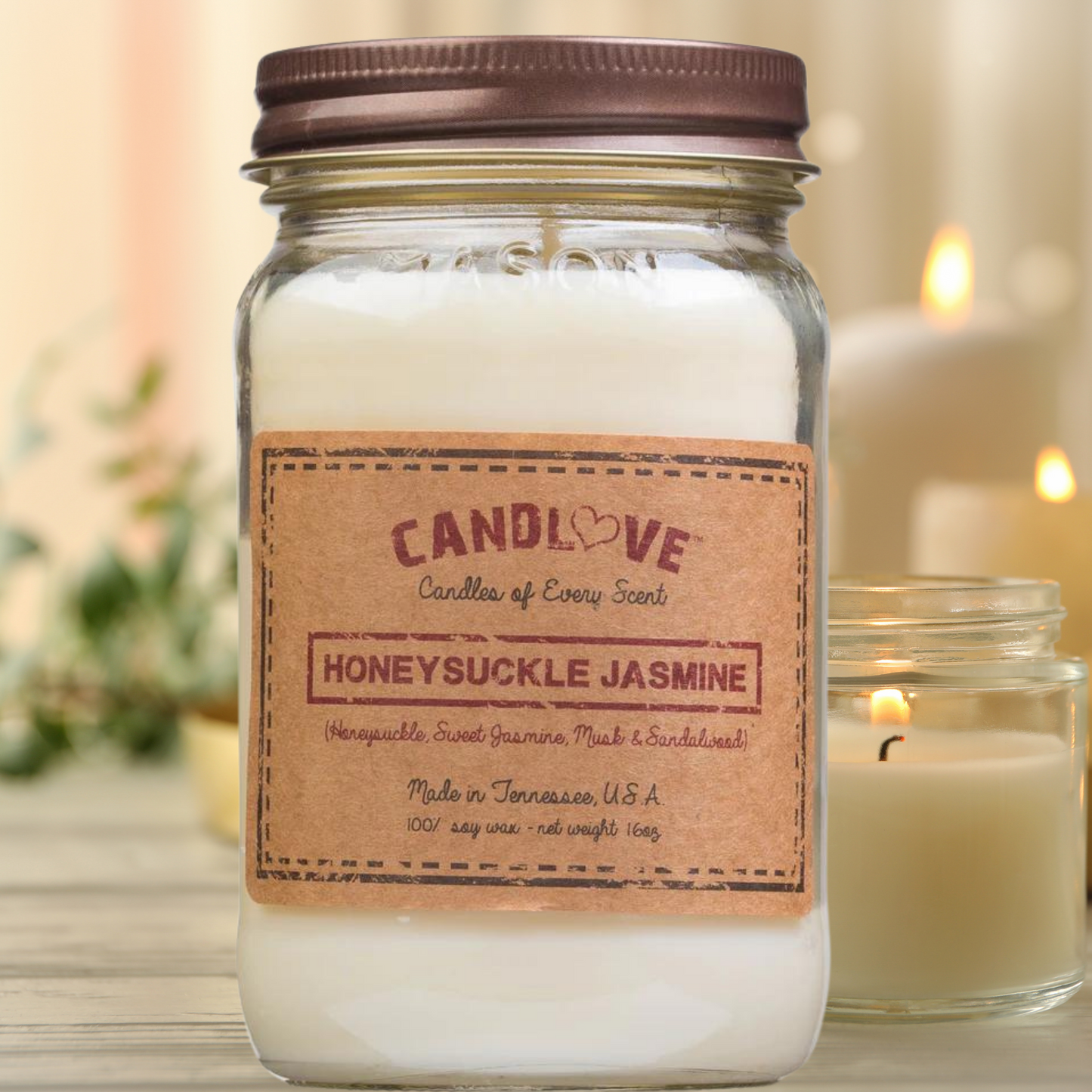 Candlove Honey Suckle Jasmine Scented Candle - Non-Toxic 100% Soy Candle - Handmade & Hand Poured Long Burning Candle - Highly Scented All Natural Clean Burning Candle (16 OZ Mason Jar) Made in The USA