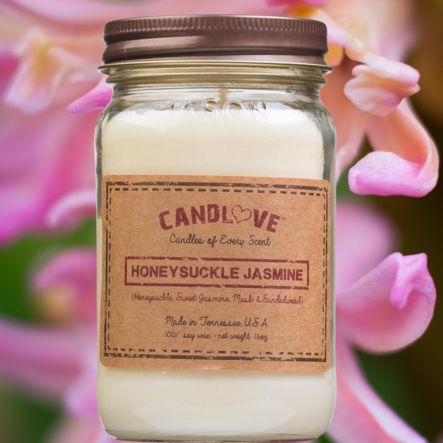 Candlove Honey Suckle Jasmine Scented Candle - Non-Toxic 100% Soy Candle - Handmade & Hand Poured Long Burning Candle - Highly Scented All Natural Clean Burning Candle (16 OZ Mason Jar) Made in The USA