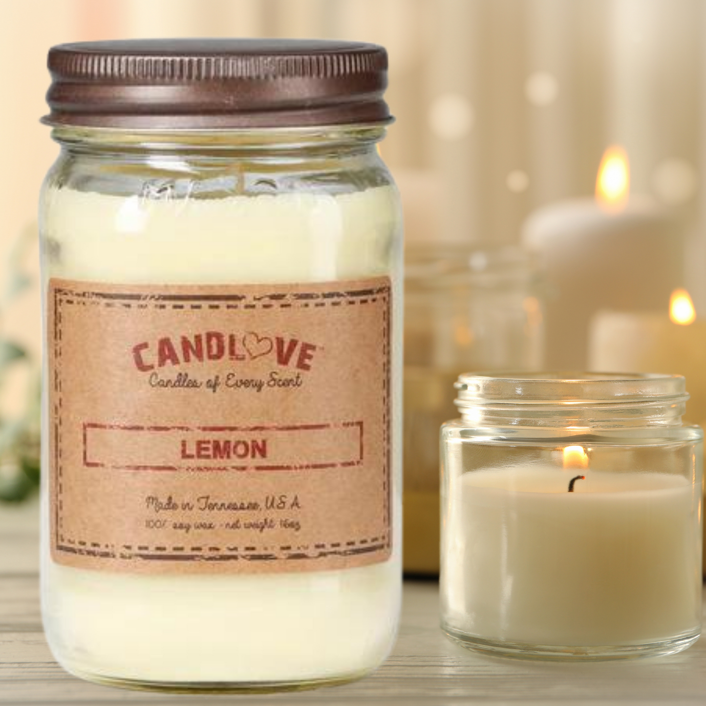 Candlove Lemon Scented Candle - Non-Toxic 100% Soy Candle - Handmade & Hand Poured Long Burning Candle - Highly Scented All Natural Clean Burning Candle (16 OZ Mason Jar) Made in The USA