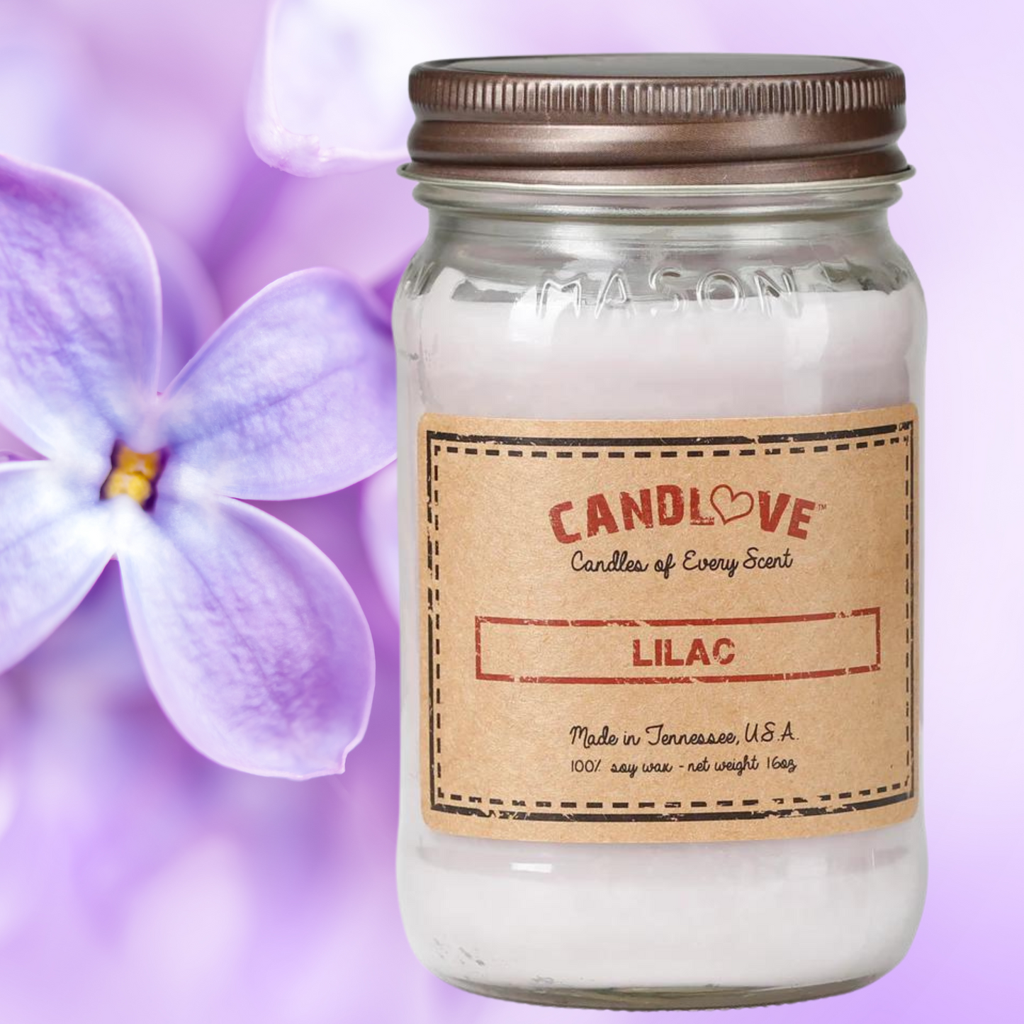 Candlove Lilac Scented Candle - Non-Toxic 100% Soy Candle - Handmade & Hand Poured Long Burning Candle - Highly Scented All Natural Clean Burning Candle (16 OZ Mason Jar) Made in The USA