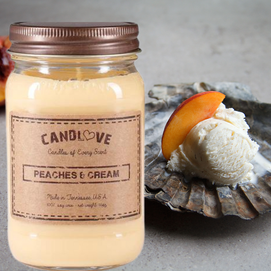 Candlove Peaches Cream Scented Candle - Non-Toxic 100% Soy Candle - Handmade & Hand Poured Long Burning Candle - Highly Scented All Natural Clean Burning Candle (16 OZ Mason Jar) Made in The USA