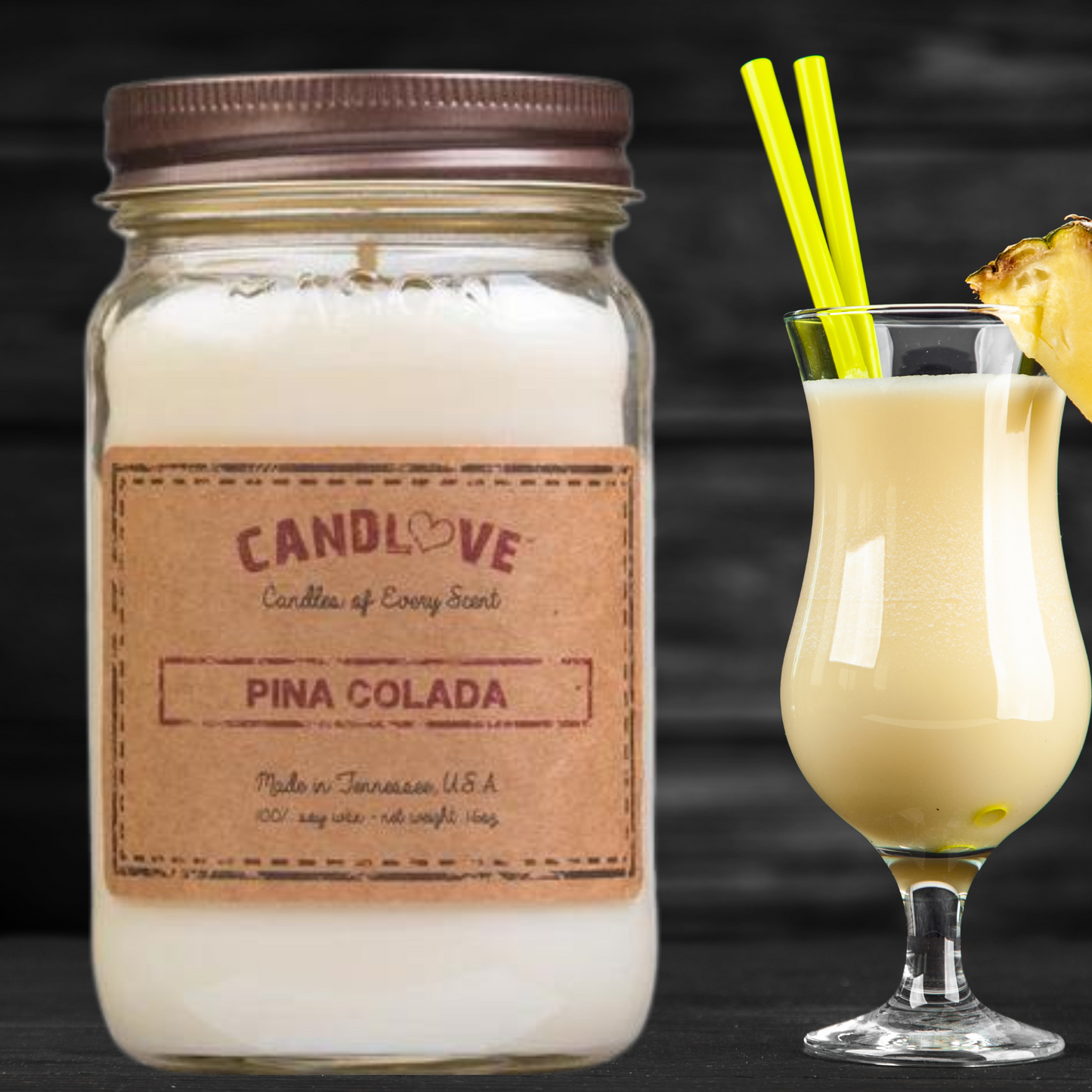 Candlove Pina Colada Scented Candle - Non-Toxic 100% Soy Candle - Handmade & Hand Poured Long Burning Candle - Highly Scented All Natural Clean Burning Candle (16 OZ Mason Jar) Made in The USA