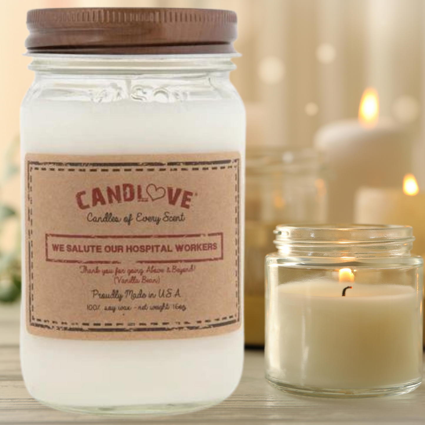 Candlove Vanilla We Salute Hospital Workers Scented Candle - Non-Toxic 100% Soy Candle - Handmade & Hand Poured Long Burning Candle - Highly Scented All Natural Clean Burning Candle (16 OZ Mason Jar) Made in The USA