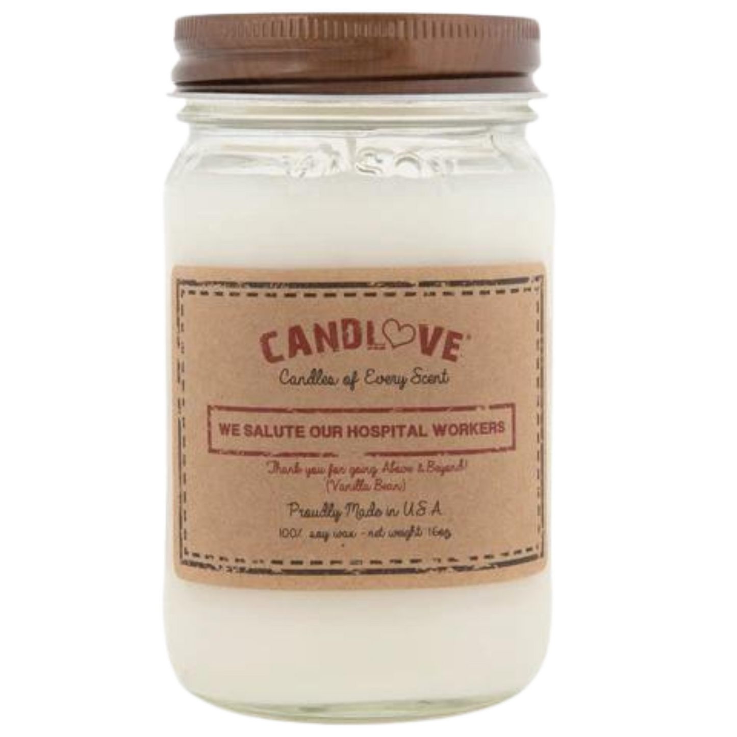 Candlove Vanilla We Salute Hospital Workers Scented Candle - Non-Toxic 100% Soy Candle - Handmade & Hand Poured Long Burning Candle - Highly Scented All Natural Clean Burning Candle (16 OZ Mason Jar) Made in The USA