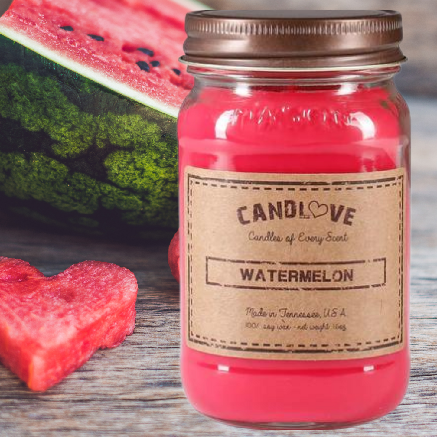 Candlove Watermelon Scented Candle - Non-Toxic 100% Soy Candle - Handmade & Hand Poured Long Burning Candle - Highly Scented All Natural Clean Burning Candle (16 OZ Mason Jar) Made in The USA